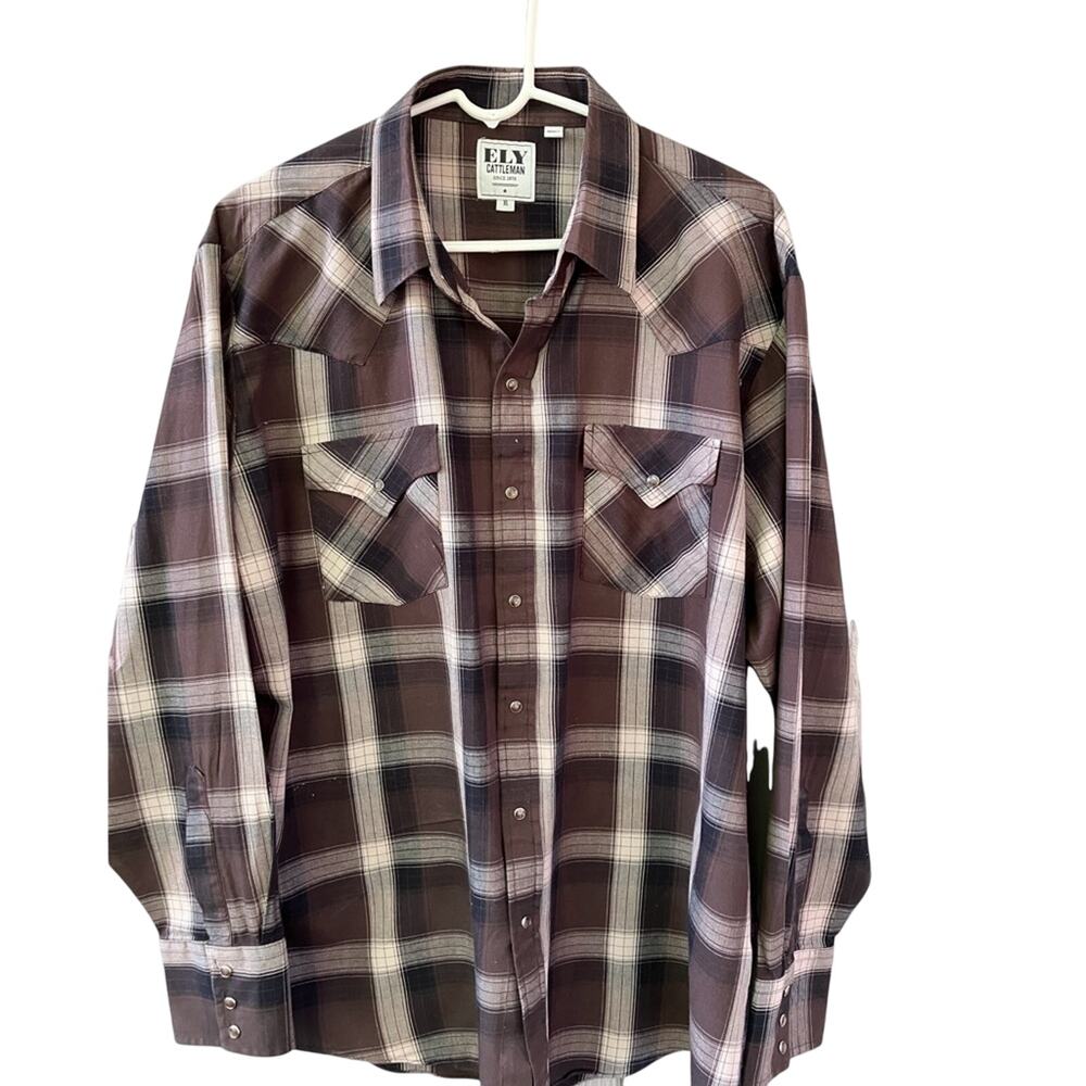 WESTERN ELY Cattlemen XL Brown Plaid Western Shirt VTG